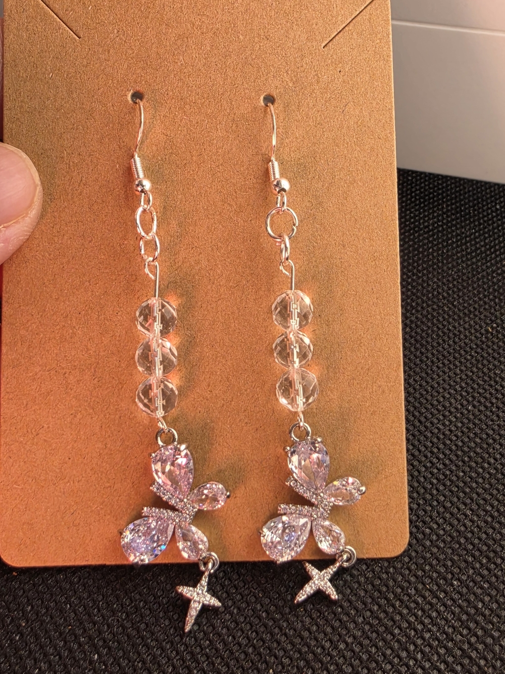 Crystal Butterfly Drop Earrings in Clear Quartz Beads